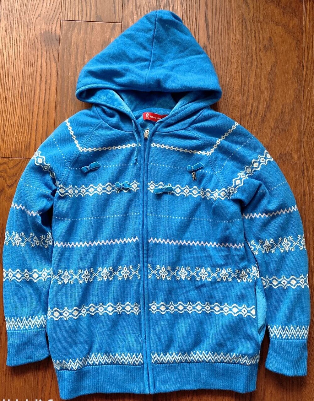 ROBERTA DI CAMERINO KNIT ZIP UP HOODED Blue White Sweater Size M